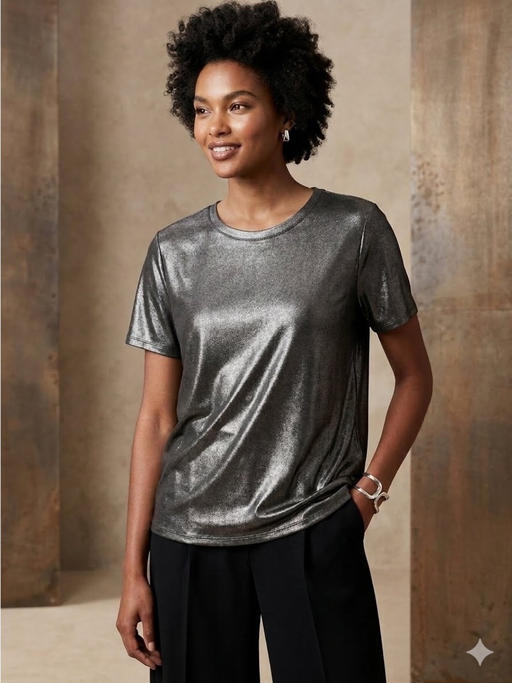 GAP Gunmetal Gray Metallic Shiny Shimmer Short Sleeve Tee Shirt Blouse M